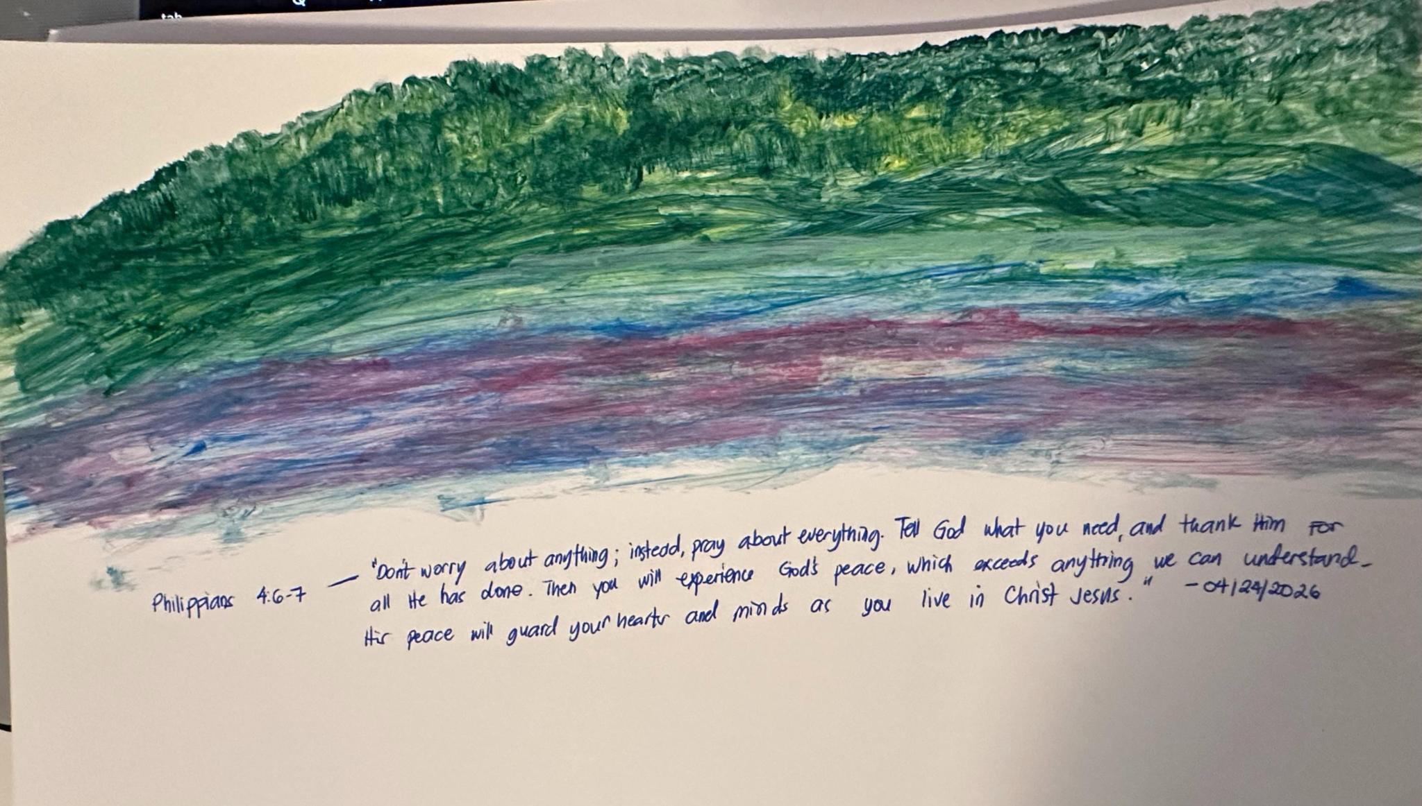 Art journal landscape with watercolour green hills, layered bands of teal, blue and purple, and Philippians 4:6-7 handwritten in blue pen below