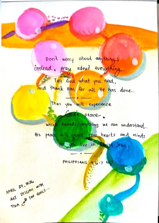 Colourful art journal page with round bubble shapes in pink, orange, yellow, green and blue with Philippians 4:6 handwritten through the centre
