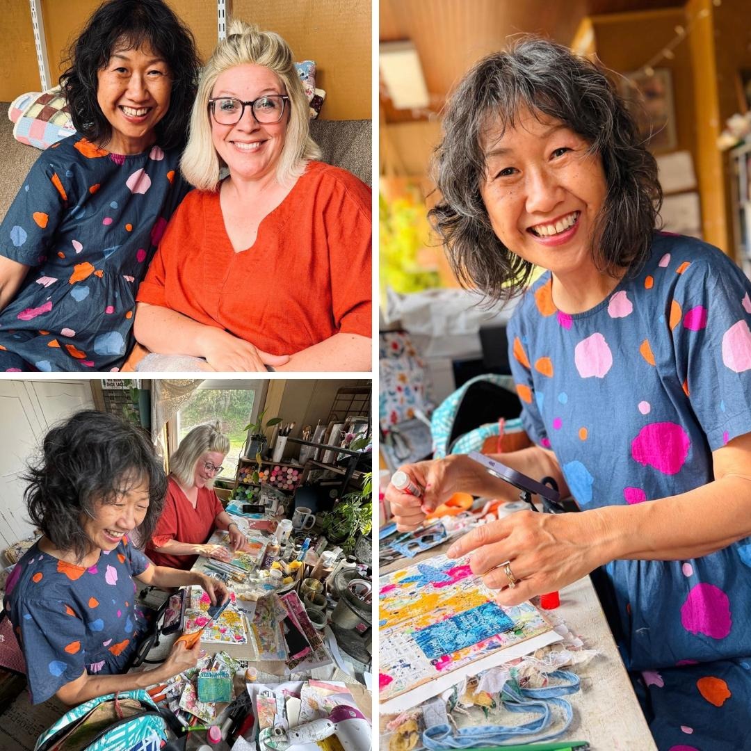 Tina and Casey smiling together on a sofa, and two photos of them laughing and creating at a table full of art supplies