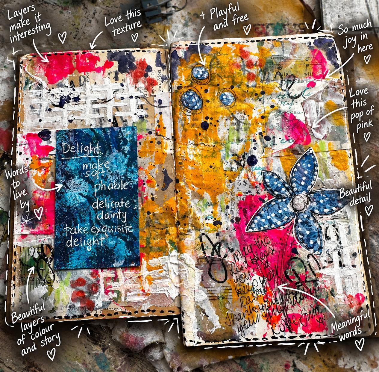 An annotated art journal spread with Casey's handwritten notes pointing to what she loved about the pages — layers of colour, texture, playful marks and meaningful words